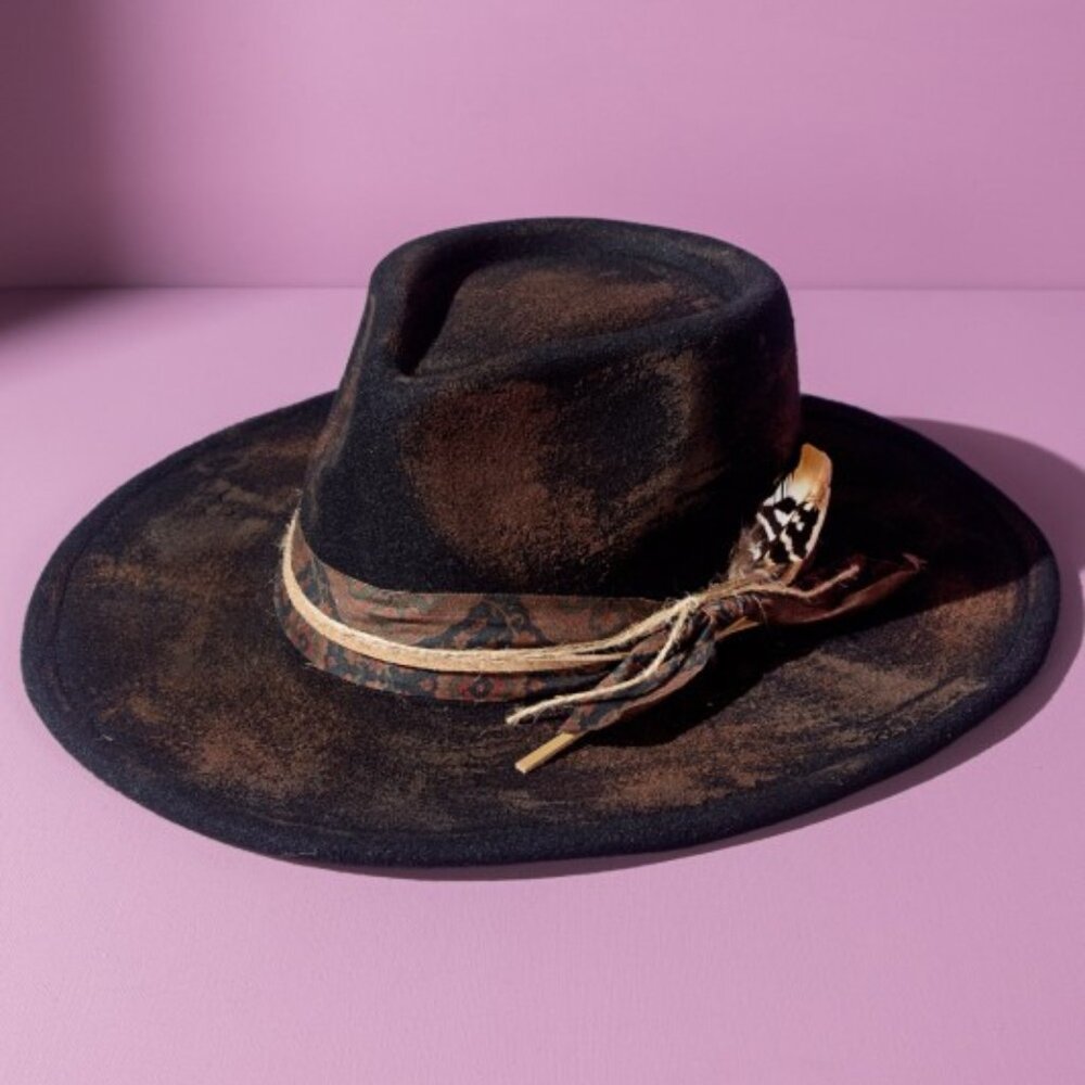 Distressed Burned Black Faux Suede Adjustable Brim Women's Hat with Feather